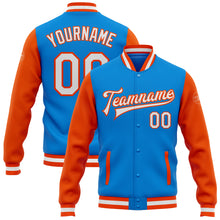 Load image into Gallery viewer, Custom Electric Blue White-Orange Bomber Full-Snap Varsity Letterman Two Tone Jacket
