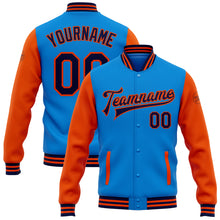 Load image into Gallery viewer, Custom Electric Blue Navy-Orange Bomber Full-Snap Varsity Letterman Two Tone Jacket
