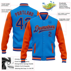 Custom Electric Blue Royal-Orange Bomber Full-Snap Varsity Letterman Two Tone Jacket