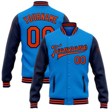 Load image into Gallery viewer, Custom Electric Blue Orange-Navy Bomber Full-Snap Varsity Letterman Two Tone Jacket
