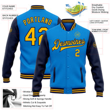 Load image into Gallery viewer, Custom Powder Blue Gold-Navy Bomber Full-Snap Varsity Letterman Two Tone Jacket
