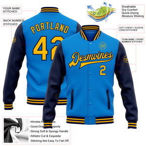 Custom Electric Blue Gold-Navy Bomber Full-Snap Varsity Letterman Two Tone Jacket