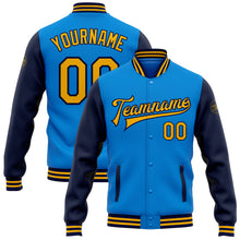 Load image into Gallery viewer, Custom Powder Blue Gold-Navy Bomber Full-Snap Varsity Letterman Two Tone Jacket

