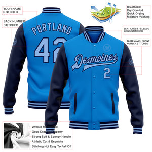 Custom Electric Blue Light Blue-Navy Bomber Full-Snap Varsity Letterman Two Tone Jacket