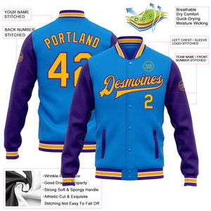 Custom Powder Blue Gold-Purple Bomber Full-Snap Varsity Letterman Two Tone Jacket