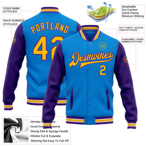 Custom Electric Blue Gold-Purple Bomber Full-Snap Varsity Letterman Two Tone Jacket