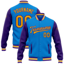 Load image into Gallery viewer, Custom Powder Blue Gold-Purple Bomber Full-Snap Varsity Letterman Two Tone Jacket
