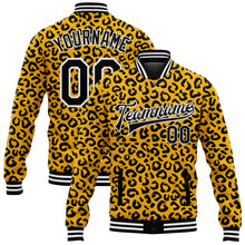 Load image into Gallery viewer, Custom Gold Black-White Leopard Print 3D Pattern Design Bomber Full-Snap Varsity Letterman Jacket
