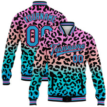 Load image into Gallery viewer, Custom Pink Sky Blue-Black Leopard Print 3D Pattern Design Bomber Full-Snap Varsity Letterman Jacket
