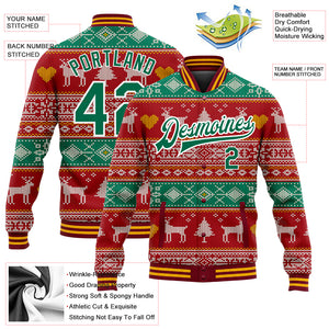 Custom Red Kelly Green-White Christmas Reindeers 3D Bomber Full-Snap Varsity Letterman Jacket