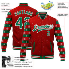 Load image into Gallery viewer, Custom Red Kelly Green-White Christmas 3D Bomber Full-Snap Varsity Letterman Jacket
