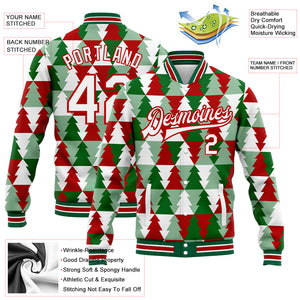 Custom Kelly Green White-Red Christmas Tree 3D Bomber Full-Snap Varsity Letterman Jacket