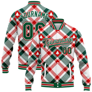 Custom White Kelly Green-Red Christmas Tree 3D Bomber Full-Snap Varsity Letterman Jacket