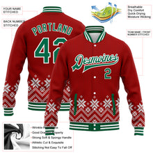 Load image into Gallery viewer, Custom Red Kelly Green-White Christmas Snowflakes 3D Bomber Full-Snap Varsity Letterman Jacket
