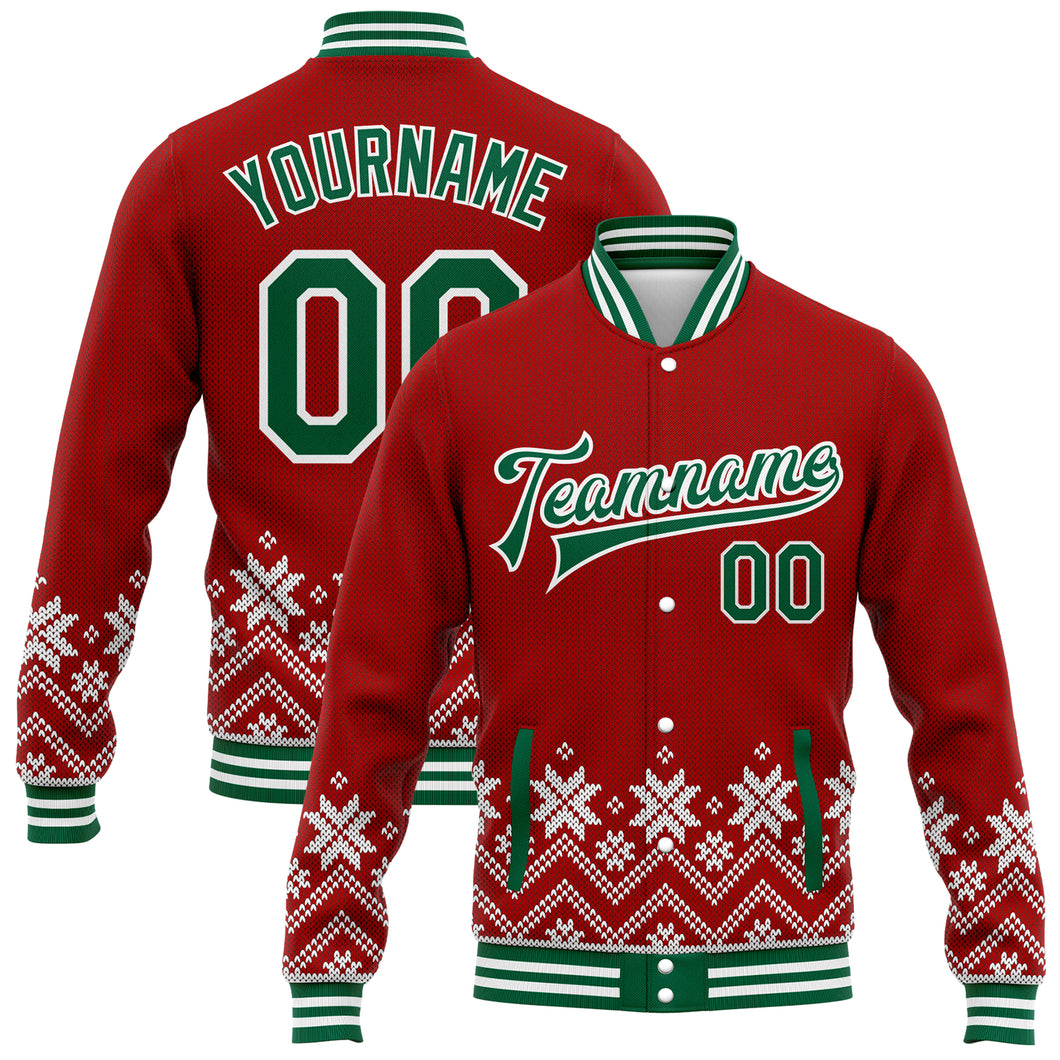 Custom Red Kelly Green-White Christmas Snowflakes 3D Bomber Full-Snap Varsity Letterman Jacket