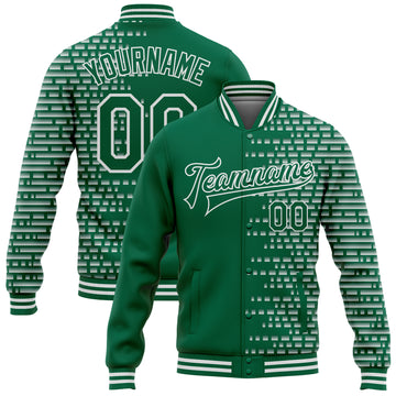 Custom Kelly Green White Halftone 3D Pattern Design Bomber Full-Snap Varsity Letterman Jacket