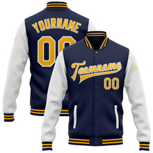 Load image into Gallery viewer, Custom Navy Gold-White Bomber Full-Snap Varsity Letterman Two Tone Jacket
