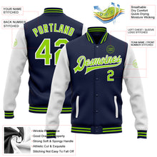 Load image into Gallery viewer, Custom Navy Neon Green-White Bomber Full-Snap Varsity Letterman Two Tone Jacket
