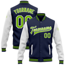 Load image into Gallery viewer, Custom Navy Neon Green-White Bomber Full-Snap Varsity Letterman Two Tone Jacket
