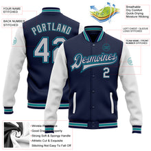 Load image into Gallery viewer, Custom Navy Gray White-Teal Bomber Full-Snap Varsity Letterman Two Tone Jacket
