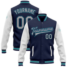 Load image into Gallery viewer, Custom Navy Gray White-Teal Bomber Full-Snap Varsity Letterman Two Tone Jacket
