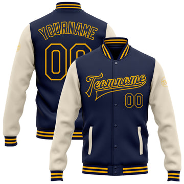 Custom Navy Cream-Gold Bomber Full-Snap Varsity Letterman Two Tone Jacket