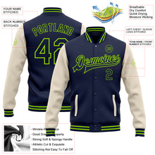 Load image into Gallery viewer, Custom Navy Cream-Neon Green Bomber Full-Snap Varsity Letterman Two Tone Jacket
