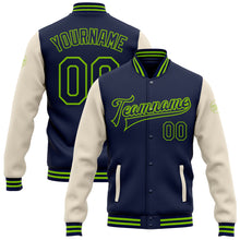 Load image into Gallery viewer, Custom Navy Cream-Neon Green Bomber Full-Snap Varsity Letterman Two Tone Jacket
