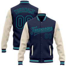 Load image into Gallery viewer, Custom Navy Cream-Teal Bomber Full-Snap Varsity Letterman Two Tone Jacket
