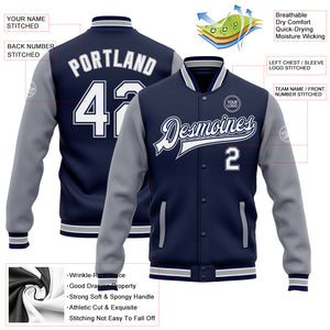 Custom Navy White-Gray Bomber Full-Snap Varsity Letterman Two Tone Jacket