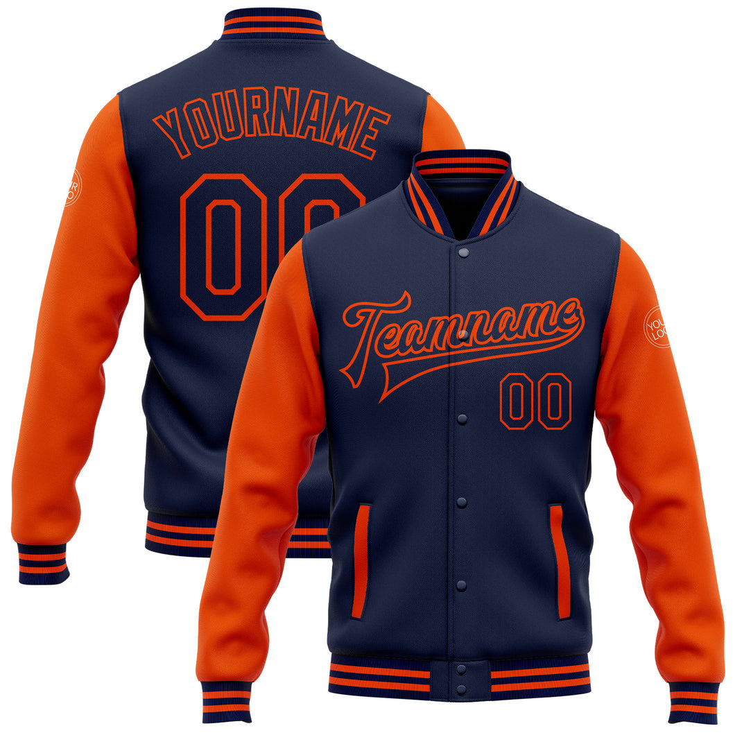 Custom Navy Orange Bomber Full-Snap Varsity Letterman Two Tone Jacket