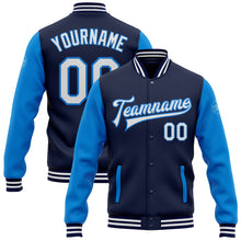 Load image into Gallery viewer, Custom Navy White-Electric Blue Bomber Full-Snap Varsity Letterman Two Tone Jacket
