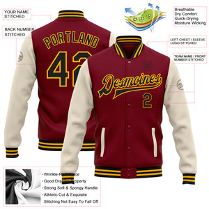 Custom Crimson Black Cream-Gold Bomber Full-Snap Varsity Letterman Two Tone Jacket