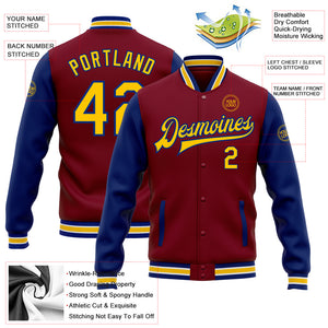 Custom Crimson Yellow-Royal Bomber Full-Snap Varsity Letterman Two Tone Jacket