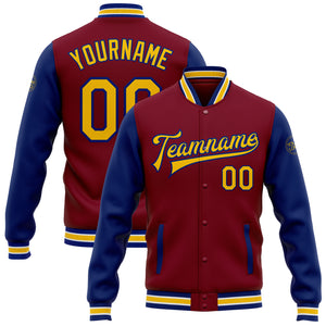 Custom Crimson Yellow-Royal Bomber Full-Snap Varsity Letterman Two Tone Jacket