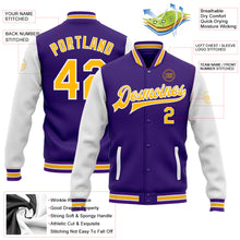Load image into Gallery viewer, Custom Purple Gold-White Bomber Full-Snap Varsity Letterman Two Tone Jacket
