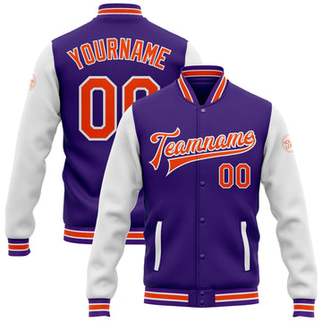 Custom Purple Orange-White Bomber Full-Snap Varsity Letterman Two Tone Jacket