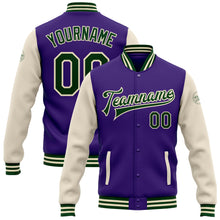 Load image into Gallery viewer, Custom Purple Green-Cream Bomber Full-Snap Varsity Letterman Two Tone Jacket

