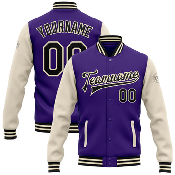 Custom Purple Black-Cream Bomber Full-Snap Varsity Letterman Two Tone Jacket