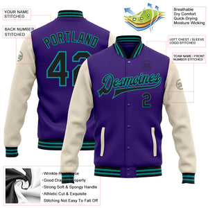 Custom Purple Black Cream-Teal Bomber Full-Snap Varsity Letterman Two Tone Jacket