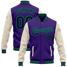 Load image into Gallery viewer, Custom Purple Black Cream-Teal Bomber Full-Snap Varsity Letterman Two Tone Jacket
