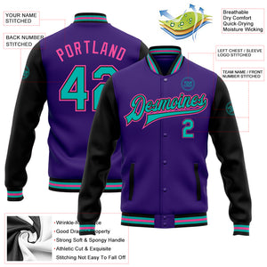 Custom Purple Aqua Black-Pink Bomber Full-Snap Varsity Letterman Two Tone Jacket