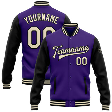 Custom Purple Cream-Black Bomber Full-Snap Varsity Letterman Two Tone Jacket