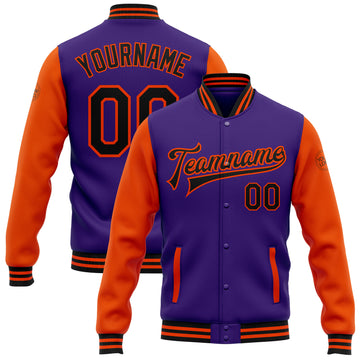 Custom Purple Black-Orange Bomber Full-Snap Varsity Letterman Two Tone Jacket