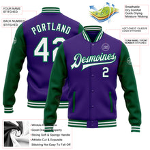 Load image into Gallery viewer, Custom Purple White-Kelly Green Bomber Full-Snap Varsity Letterman Two Tone Jacket
