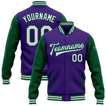 Load image into Gallery viewer, Custom Purple White-Kelly Green Bomber Full-Snap Varsity Letterman Two Tone Jacket
