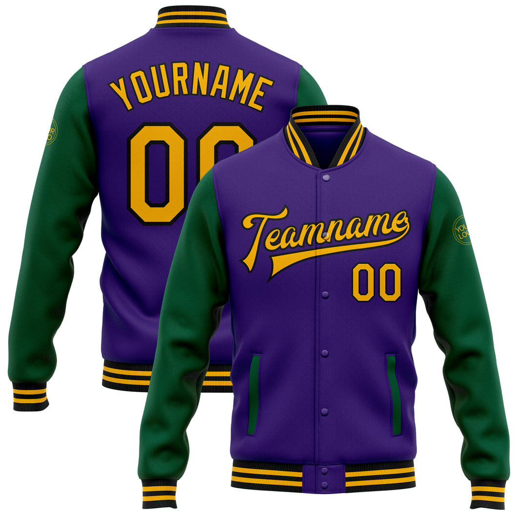 Custom Purple Gold-Kelly Green Bomber Full-Snap Varsity Letterman Two Tone Jacket