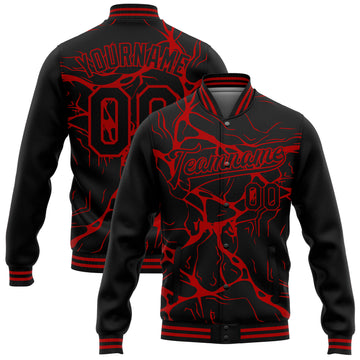 Custom Black Red Abstract Network 3D Pattern Design Bomber Full-Snap Varsity Letterman Jacket