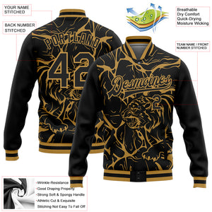 Custom Black Old Gold Abstract Network And Tiger 3D Pattern Design Bomber Full-Snap Varsity Letterman Jacket