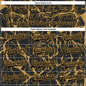 Custom Black Old Gold Abstract Network And Tiger 3D Pattern Design Bomber Full-Snap Varsity Letterman Jacket